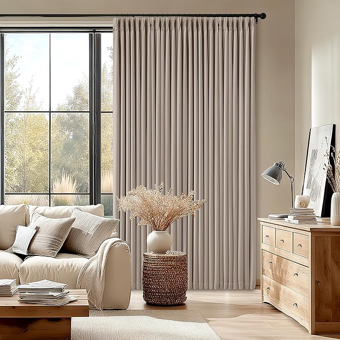 70 Inch Extra Wide Pinch Pleated Curtains Dual Layer for Living Room Bedroom 108 Inches Long Memory Trained Burlywood Birch Blackout Thermal Insulated Curtain with Back Tab Sliding Glass Door 1 Panel