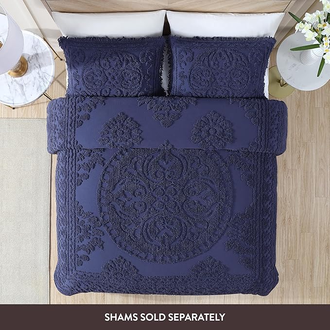 Beatrice Home Fashions Medallion Chenille Bedspread, Queen, Navy