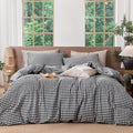 MooMee Gingham Duvet Cover Set 100% Washed Cotton Linen Like Textured Breathable Durable Soft Comfy Modern Checkered Design (Black White Gingham, Queen 90"x90")