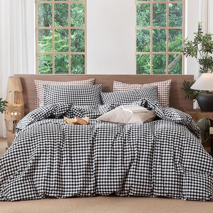 MooMee Gingham Duvet Cover Set 100% Washed Cotton Linen Like Textured Breathable Durable Soft Comfy Modern Checkered Design (Black White Gingham, Full 80"x90")