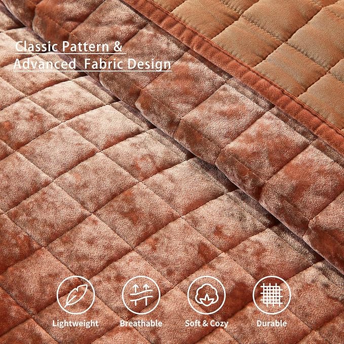 LEAONME Velvet Quilt Oversized California King-120''x120'', Lightweight Burnt Orange Velvet Comforter Set with 2 Pillow Shams, Oversized Bedspread Coverlet Quilted Bedding Set for All Season