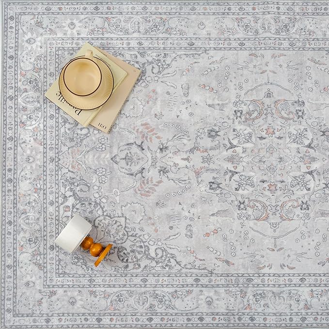 Grey 3x5 Area Rug Washable Vintage Carpet for Entryway Office Soft Retro Floral Kitchen Low Pile Thin Door Mat Non Slip Central Medallion Throw Rug for Bathroom Bedroom Dining Living Room