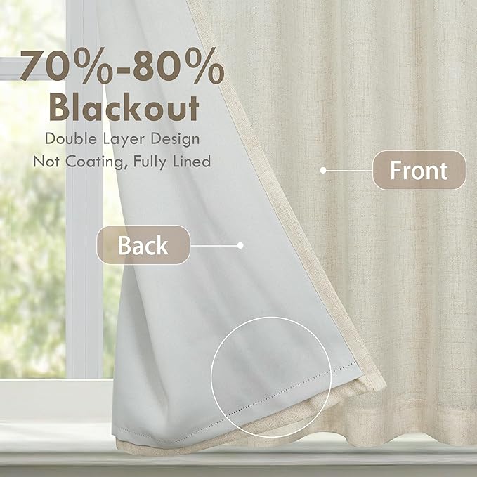 DriftAway Double Layer Linen Blackout Tie Up Curtains Thermal Insulated Fully Lined Balloon Roman Shade Bathroom Window Adjustable Rod Pocket for Small Window 39 Inch by 55 Inch Beige