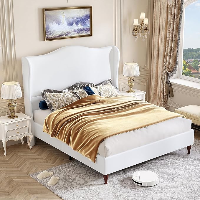 koorlian Queen Size Bed Frame with 51" Tall Headboard, Fully Upholstered Platform Bed Frame with with Soft Fabric, Sleigh Wingback, Solid Wood Retro Legs, Modern Minimalist Style, Easy Assembly, White