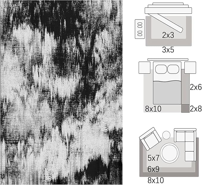 5x7 Area Rug Living Room Rugs - Machine Washable Neutral Abstract Rugs for Dinning Room Indoor Floor Non Silp Rug Carpet for Bedroom Home Office - Black White
