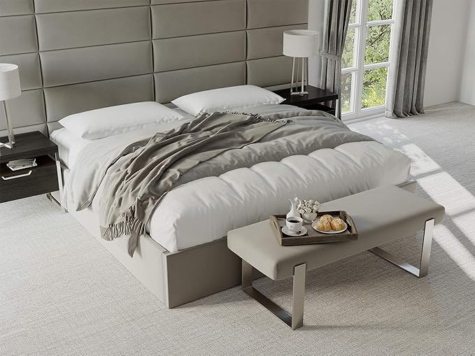 VANT Upholstered Bed Bench - Zigrino Mineral - Brushed Nickel - Contemporary Modern, Bedroom Bench Seat, Hallway, or Entryway
