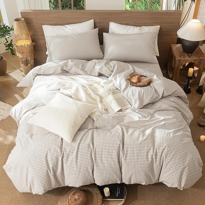 MooMee Gingham Duvet Cover Set 100% Washed Cotton Linen Like Textured Breathable Durable Soft Comfy Modern Checkered Design (Mini Gingham Tannish Linen Grey, Twin 68"x90")