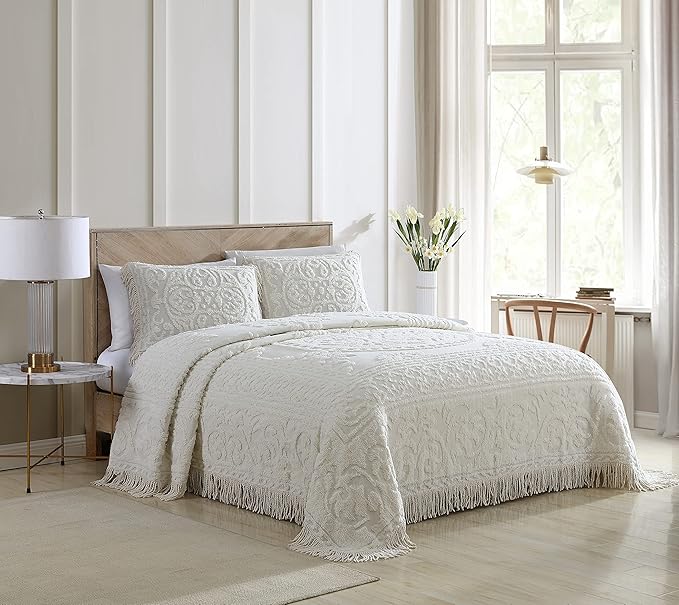 Beatrice Home Fashions Medallion Chenille Bedspread, Standard Sham, Ivory