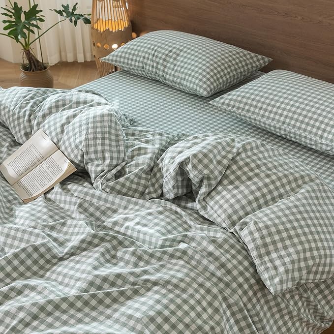 MooMee Gingham Duvet Cover Set 100% Washed Cotton Linen Like Textured Breathable Durable Soft Comfy Modern Checkered Design (Sage Green Gingham, Palatial King/Oversized King 120"x98")