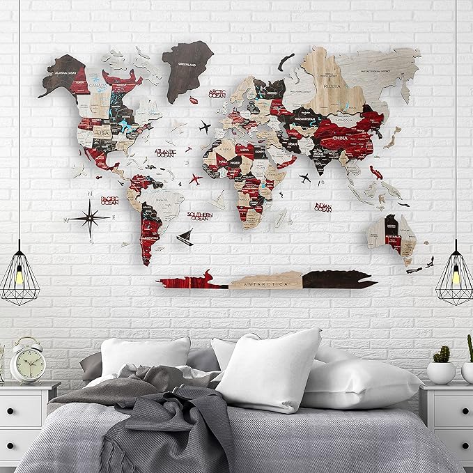 Handmade 3D Wood World Map Wall Art Large Wall Decor Track Your World Travels - Special for Home, Kitchen and Office (Urban, X-Large)