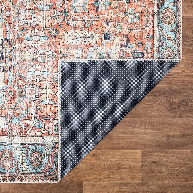 Bloom Rugs Washable Non-Slip 5' x 7' Rug - Orange/Blue Traditional Area Rug for Living Room, Bedroom, Dining Room, and Kitchen - Exact Size: 5' x 7'