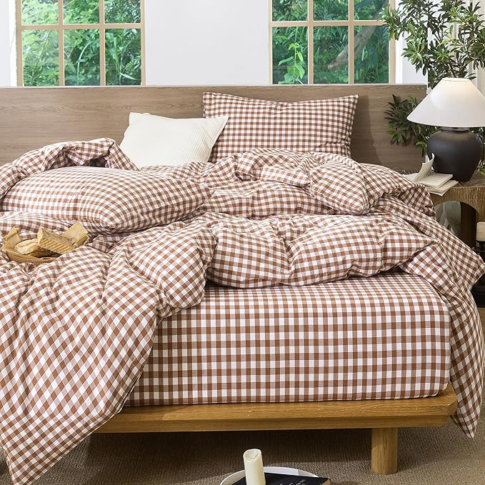 MooMee Gingham Duvet Cover Set 100% Washed Cotton Linen Like Textured Breathable Durable Soft Comfy Modern Checkered Design (Dark Orange Gingham, Cal King 104"x98")