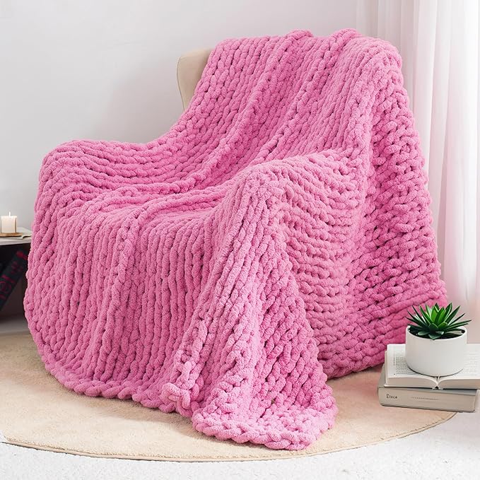Chunky Knit Throw Blanket 50"X 60", 100% Handmade with Soft Chenille Yarn, 4.4lbs Thick Cable Knitted Blankets, Large Rope Knot Crochet Throws for Couch Sofa Bed Home Decor, Hot Pink