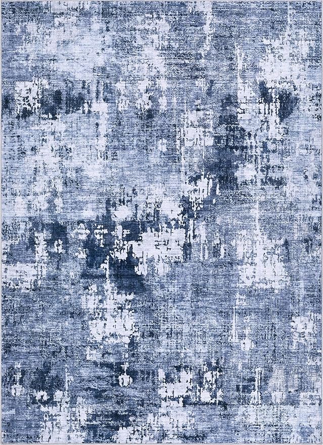 Area Rug Living Room Rugs - 8x10 Washable Large Soft Indoor Neutral Modern Abstract Low Pile Rug Carpet for Bedroom Dining Room Farmhouse Home Office - Navy Blue