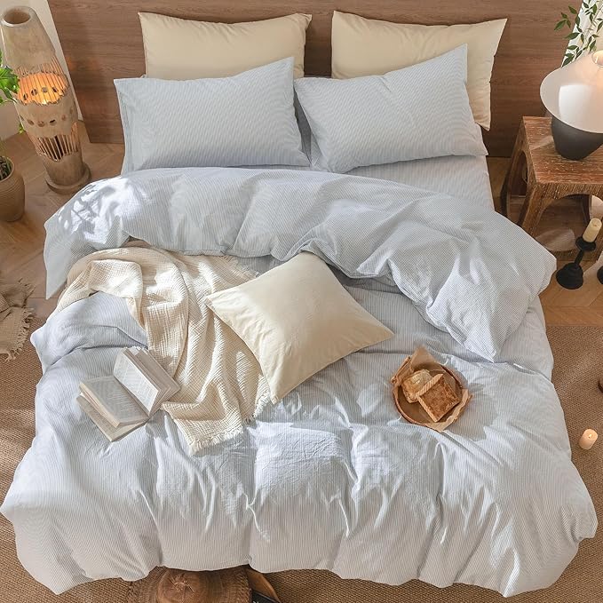MooMee Striped Duvet Cover Set 100% Washed Cotton Linen Like Textured Breathable Durable Soft Comfy (Cornflower Blue White Pinstripes, Oversized King Plus 128"x120")