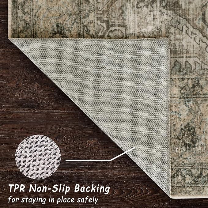 vivorug 8x10 Area Rugs for Living Room, Non-Slip Backing Washable Rug 8x10, Large Area Rug Soft Carpet for Bedroom Dining Room, Vintage, Easy Clean, Durable, Low Pile Rug Under Table, Olive