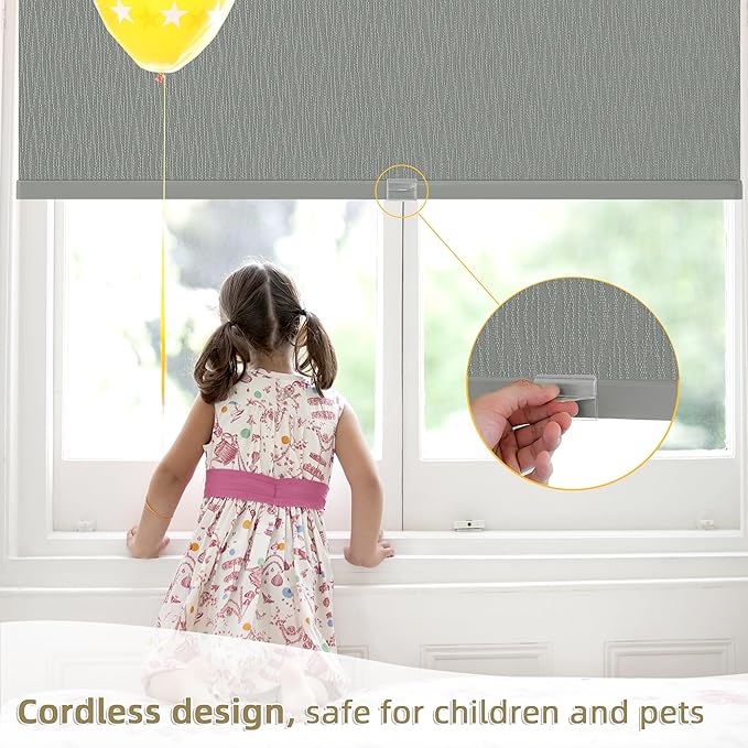 ChrisDowa Cordless Blackout Roller Shades for Windows, Striped Free-Stop Window Blinds with Privacy, Thermal Insulated Window Shades for Home, Office and Door. Grey, 58" W x 72" H