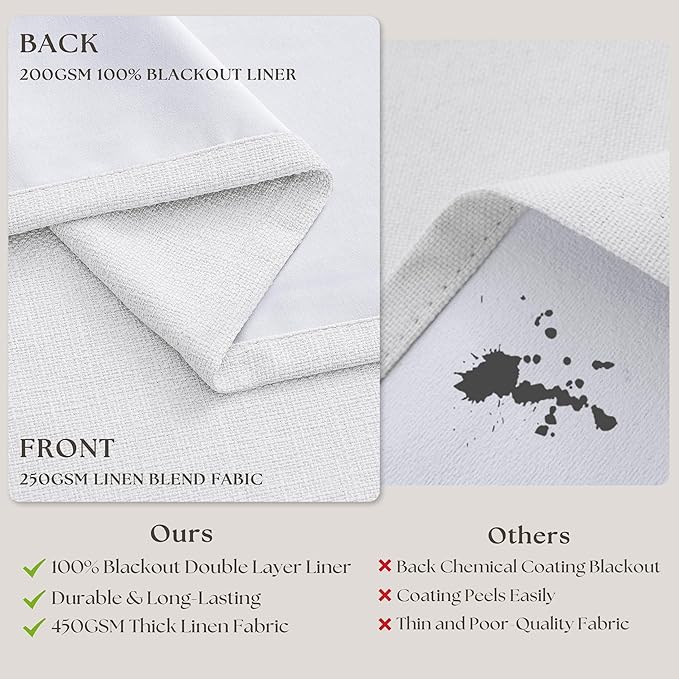 Pure White 96 Inch Blackout Pinch Pleated Curtains 2 Panel Set for Living Room Darkening Thick Linen Textured 100% Black Out Drapes 96 Inches Long Pinch Pleat Light Blocking Bedroom Soft Snow White