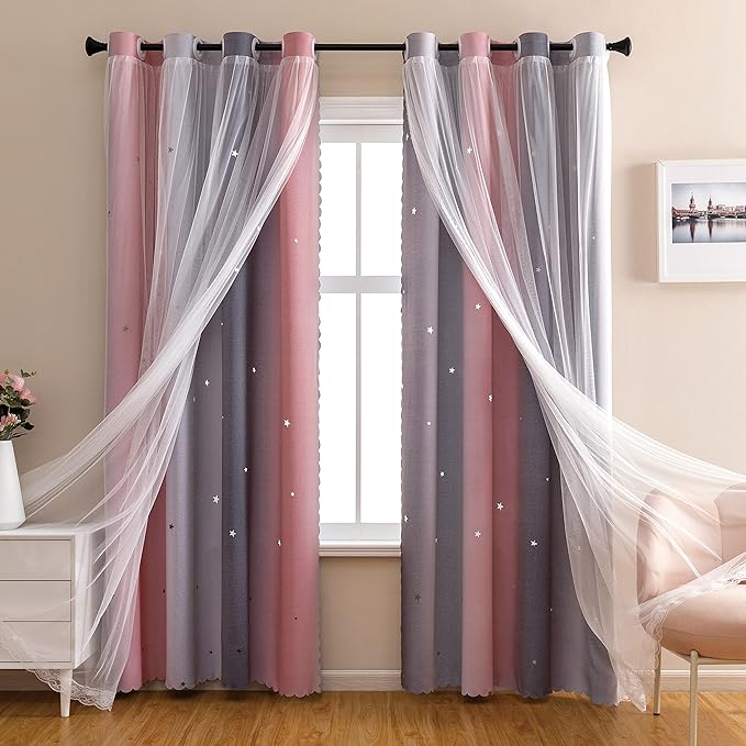 XiDi Dream Star Blackout Curtains for Kids Rooms Girl Princess Curtain for Daughter Bedroom Window (Pink Grey, W52 X L84)