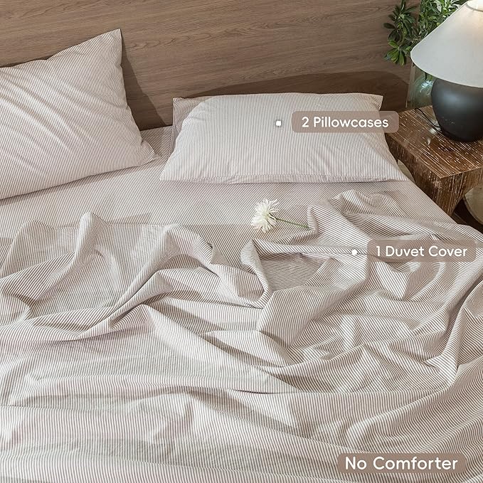 MooMee Striped Duvet Cover Set 100% Washed Cotton Linen Like Textured Breathable Durable Soft Comfy (Orange Pinstripes, Cal King 104"x98")