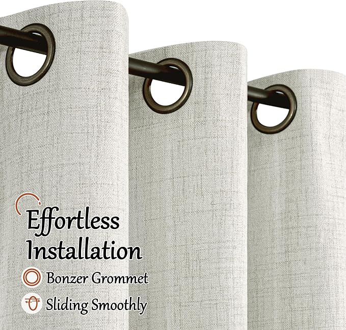 100% Blackout Curtains for Living Room 90 Inch Length 2 Panels Set, Thermal Insulated Light Blocking Boho Faux Linen Window Curtains for Bedroom, Bronze Grommet, Each 52" Wide, Light Grey