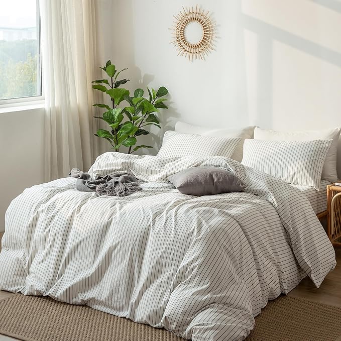 MooMee Striped Duvet Cover Set 100% Washed Cotton Linen Like Textured Breathable Durable Soft Comfy (White Dark Grey Wide Stripes, Super King Plus 120"x120")