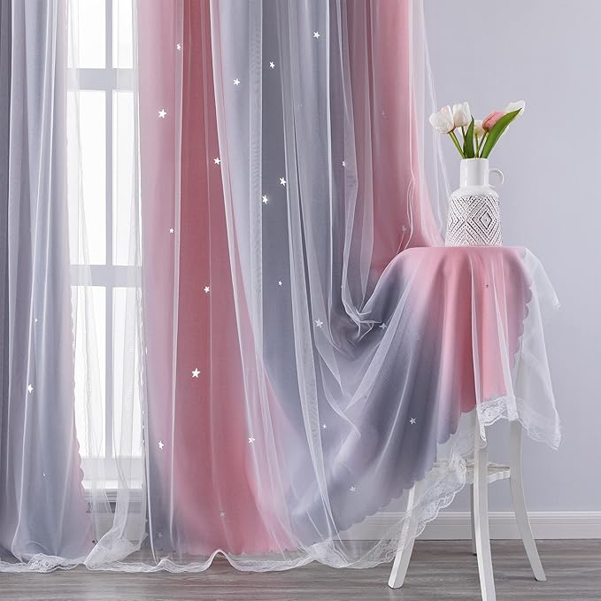 XiDi Curtains for Bedroom Decor, Rainbow Pink-Grey-52-90