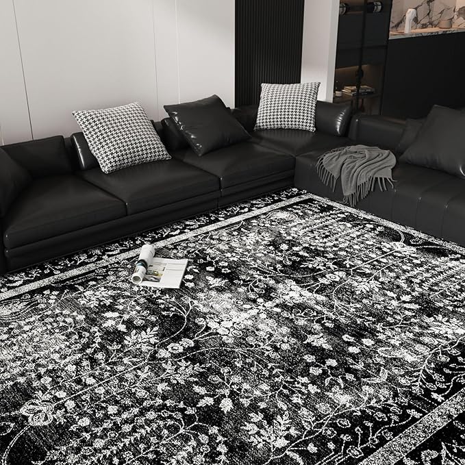 8x10 Area Rugs, Machine Washable Rugs for Living Room Modern Abstract Rug Soft Non-Skid Thin Carpet Indoor Floor Non-Shedding Carpets for Bedroom | Black