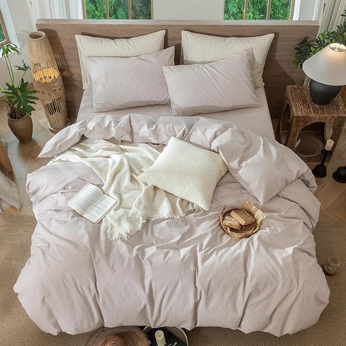 MooMee Striped Duvet Cover Set 100% Washed Cotton Linen Like Textured Breathable Durable Soft Comfy (Orange Pinstripes, King 104"x90")