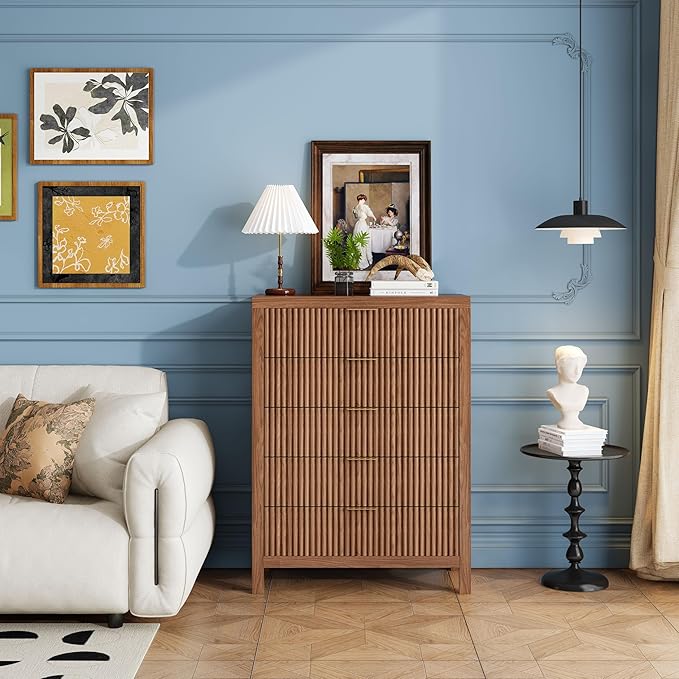 5 Drawer Dresser, 43" Tall Dresser Organizer TV Drawer Cabinet Modern Wood Storage Cabinet, Modern Wood Storage Cabinet for Bedroom, Hallway, Entryway, Walnut Oak X 2