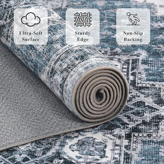 6x9 Area Rugs for Living Room Ultra-Soft Washable Rug Vintage Distressed Boho Area Rug, Non-Slip Retro Print Low Pile Stain Resistant Carpet for Bedroom Dining Room Kitchen Office