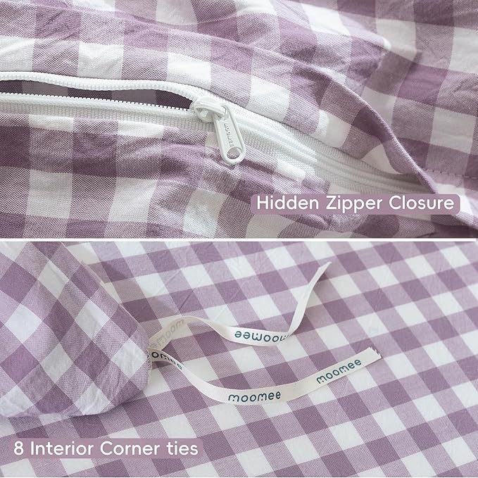 MooMee Gingham Duvet Cover Set 100% Washed Cotton Linen Like Textured Breathable Durable Soft Comfy Modern Checkered Design (Classic Gingham Light Purple, Oversized Full 82"x86")