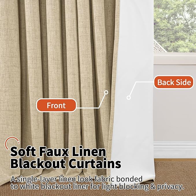 100% Blackout Curtains 95 Inches Long for Living Room 2 Panels Set, Faux Linen Textured Floor Length 95 Inch Thermal Insulated Bronze Grommet Boho Window Drapes, Each 52" Wide, Burlap