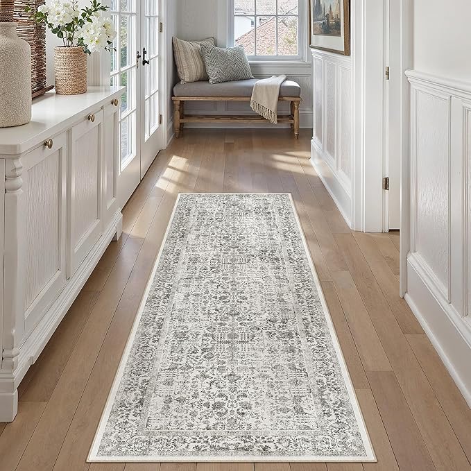 Black Runner Rug 2'6"x8' Washable Carpet for Hallway Kitchen Vintage Distressed Non Slip Indoor Retro Floral Bedroom Accent Throw Long Rug Bathroom Office Laundry Dining Living Room