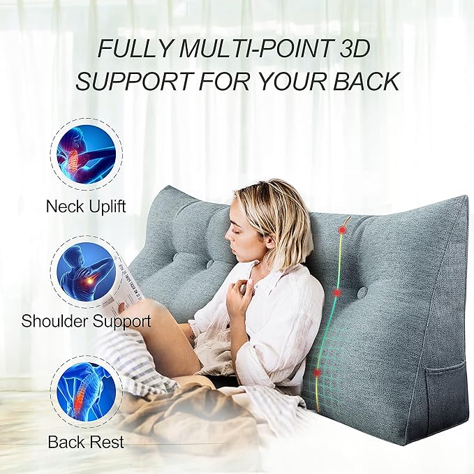 homecozy Wedge Headboard Pillow Dorm Room Reading Pillow Back Support for Sitting Up in Bed Bolster Lumbar Cushion Body Positioning Bedrest Gift for Mom Cotton Linen 76in Gray King
