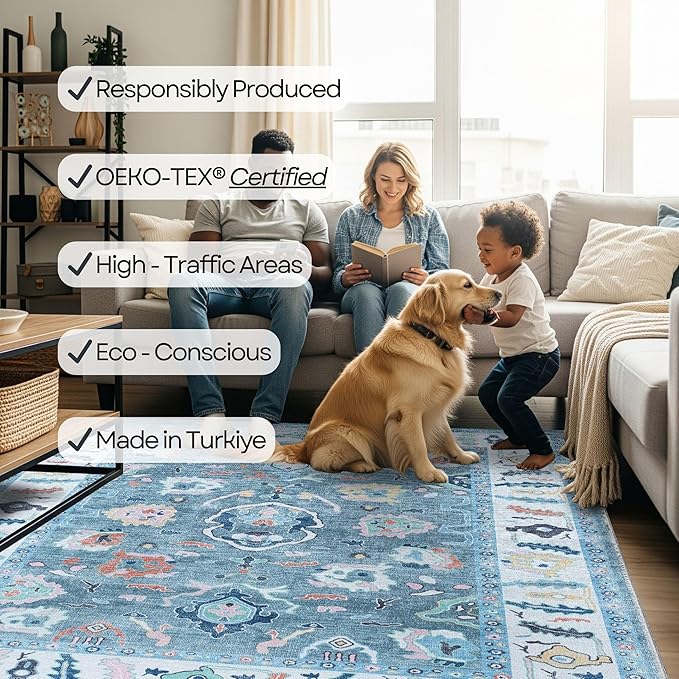 Fame Rugs Teal Modern Oushak Rug 2'6"x7', Washable Vintage Turkish Colorful Oriental Antique Inspired Foldable Small Runner Rugs, Luxury Living Room Bedroom (995T, 2'6" x 7')