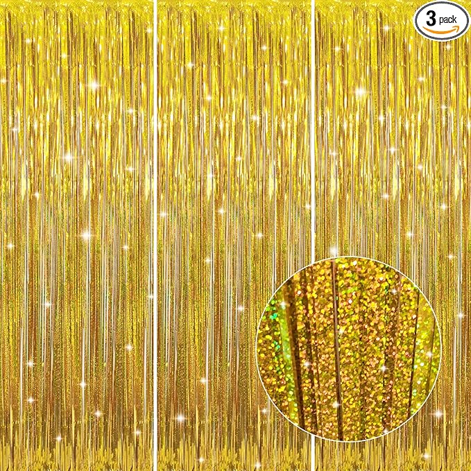 GOER 3.2 ft x 8.2 ft Metallic Tinsel Foil Fringe Curtains Party Photo Backdrop Party Streamers for Birthday,Graduation,New Year Eve Decorations Wedding Decor (3 Packs,Laser Gold)