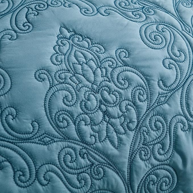 CHIXIN Bedspread Coverlet Quilt Set Full Size - Lightweight Bedding Cover - Beautiful Stitching - 5 Piece Reversible Bedspread - Luxury Damask Paisley Pattern (Full, Lagoon)