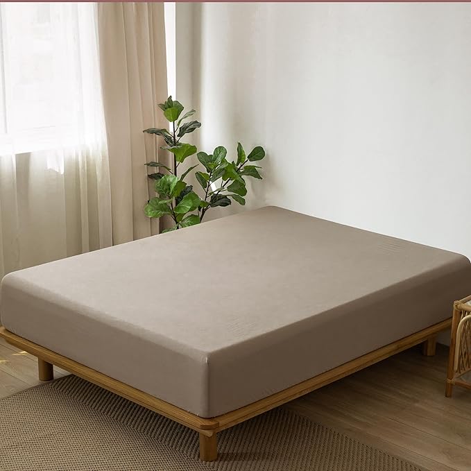 MooMee Fitted Bottom Sheet Only 100% Washed Cotton Linen Like Textured Breathable Durable Soft Comfy Deep Pocket Fits Mattress up to 17" (Mocha Brown, Twin)