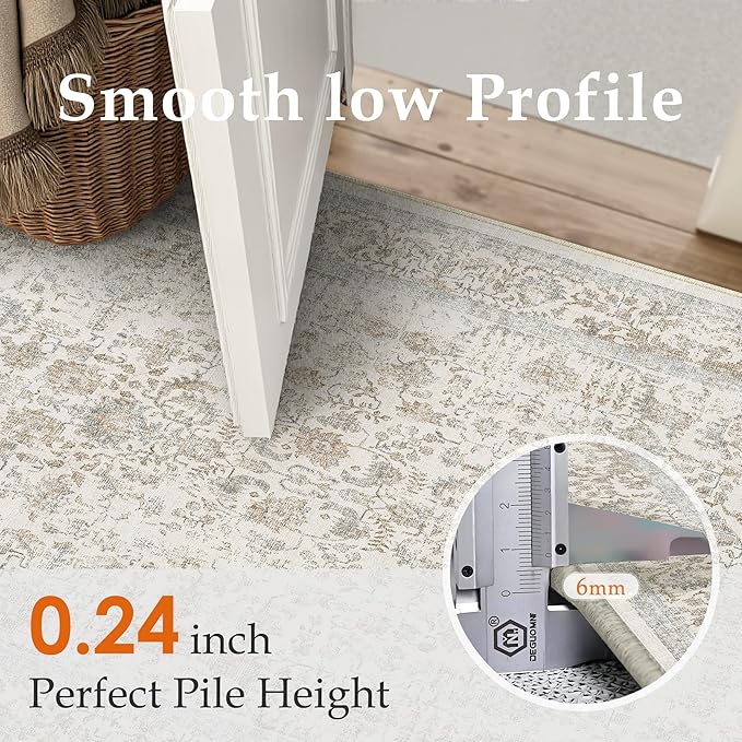 Taupe Area Rug 9x12 Machine Washable Large Vintage Living Room Distressed Non Slip Carpet Traditional Indoor Bedroom Retro Floral Accent Throw Rug for Office Kitchen Dining Room