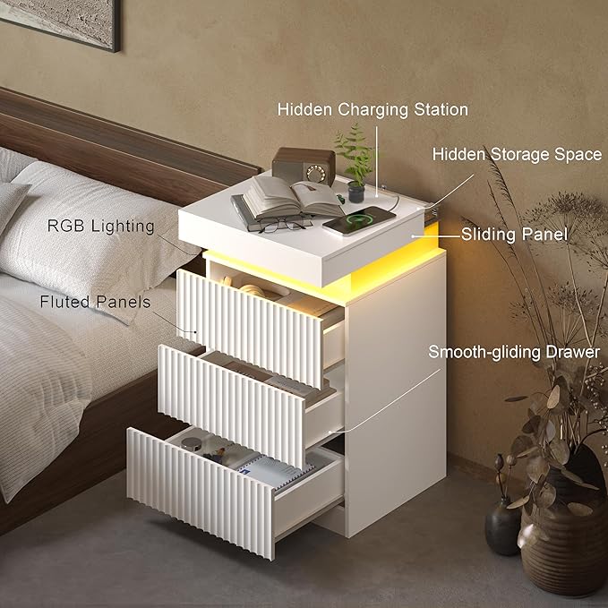 White Nightstand with 3 Drawers and LED Light, Mid Century Modern Fluted Night Stand with Charging Station, Bedside Table & End Table for Bedroom
