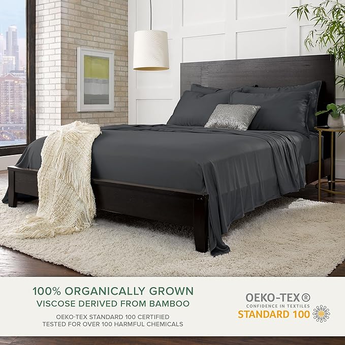 Pure Bamboo Twin Sheets, Genuine 100% Organic Viscose Derived from Bamboo Bed Sheet Set, Luxuriously Soft & Cooling, Double Stitching, 2 Year Quality Promise (Twin, Charcoal)