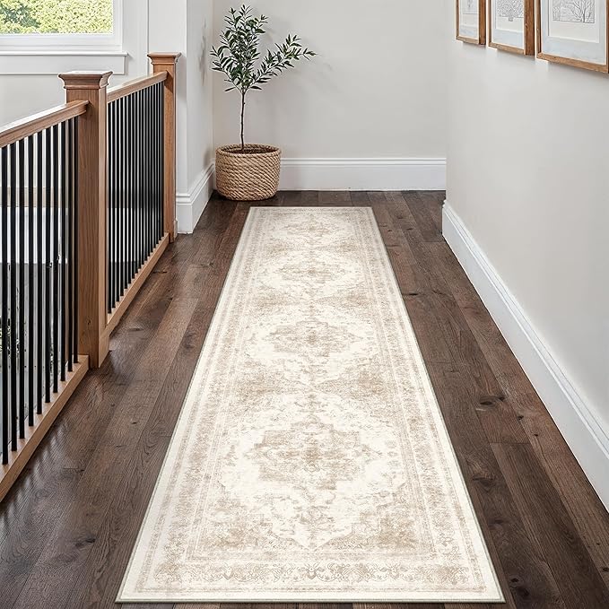 Runner Rug 2x12 Cream Hallway Washable Beige Carpet Non Slip Vintage Medallion Beige Carpet Low Pile Soft Distressed Retro Indoor Long Rug for Entryway Kitchen Bathroom Laundry Bedroom