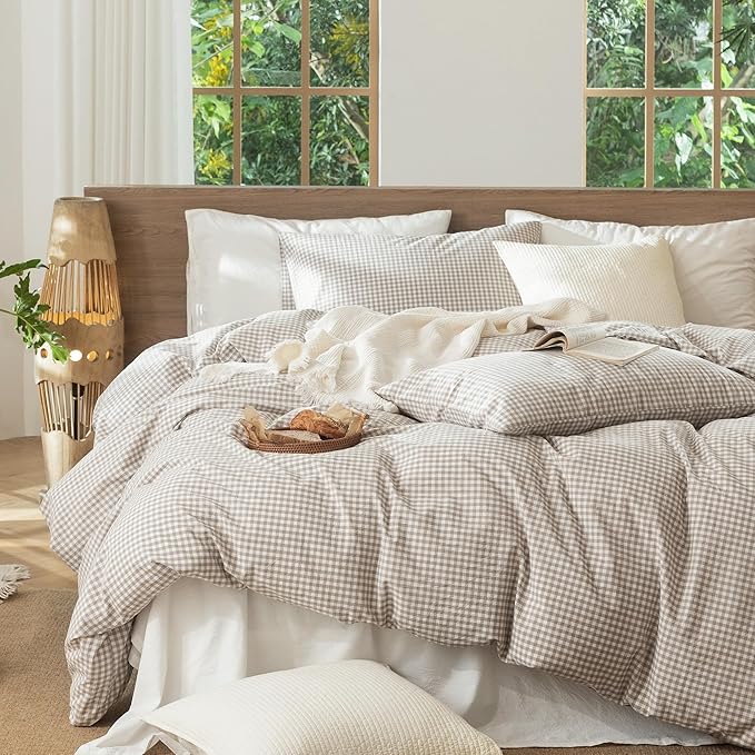 MooMee Gingham Duvet Cover Set 100% Washed Cotton Linen Like Textured Breathable Durable Soft Comfy Modern Checkered Design (Mini Gingham Tannish Linen Grey, Twin 68"x90")