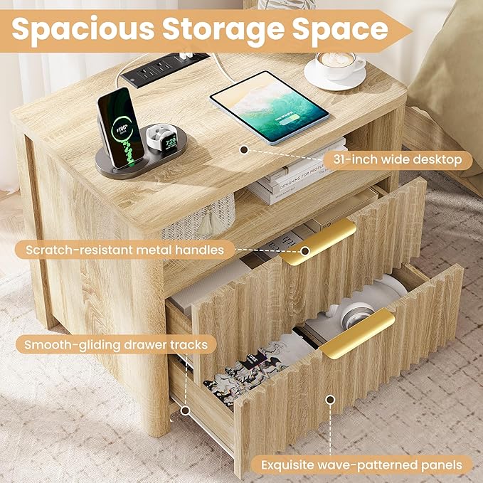 CypBed Night Stand with Charging Station, Bedside Tables with 2 Drawers & Storage Shelf, Wood Fluted Nightstand with Rounded Corner Design, Modern End Table for Bedroom, Easy Assembly