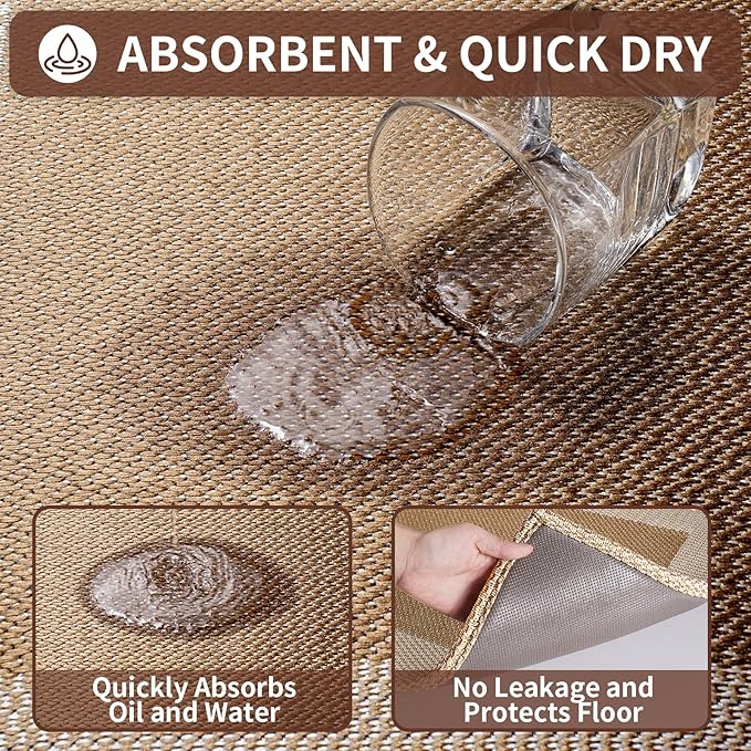 Kitchen Mats for Floor, Super Absorbent Kitchen Rugs Non Slip Washable, Soft Linen Braided Kitchen Runner Rug, Standing Mat Kitchen Sink Mat, Easy to Clean, Brown 17x47
