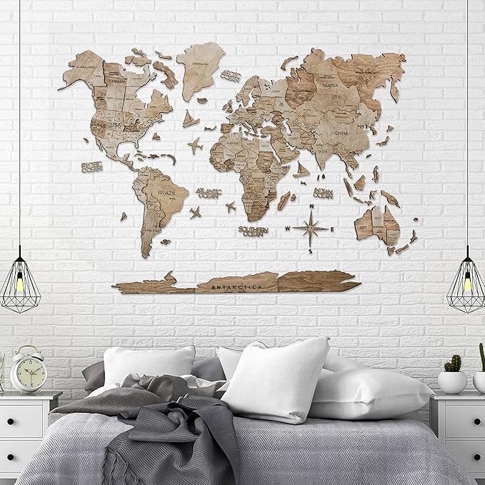 Handmade 3D Wood World Map Wall Art Large Wall Decor Track Your World Travels - Special for Home, Kitchen and Office (X-Large, Terra)
