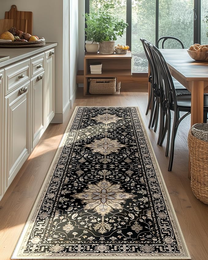 Area Rugs 2'x6' Washable Non-Slip, Floral Vintage Distress Print Pattern Medallion Carpet for Living Room Bedroom Dining Room, Black Brown Neutral Dark Tan