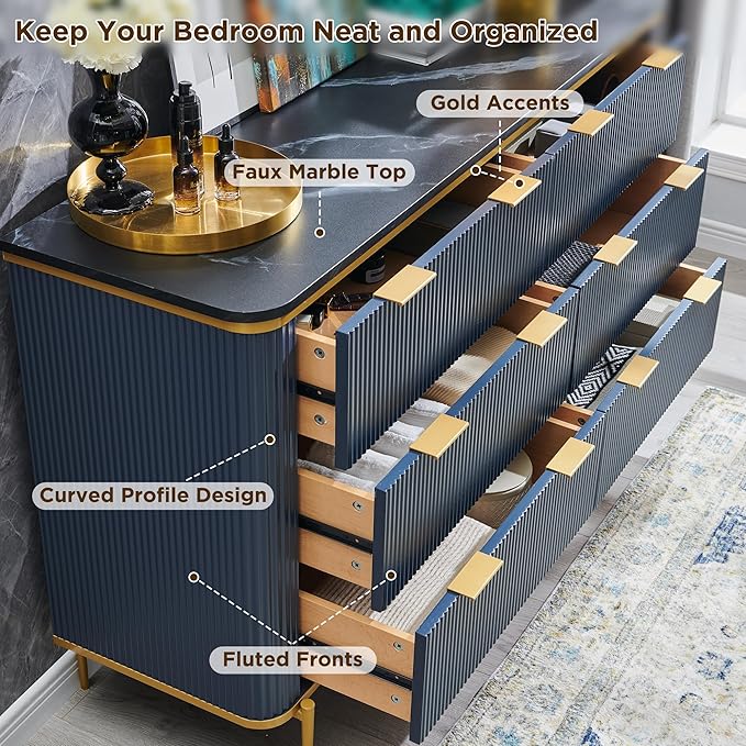 T4TREAM Fluted 6 Drawers Dresser for Bedroom, 54" Wide Modern Dresser TV Stand, Gold Accents, Fluted Fronts, Wood Storage Dressers Organizer for Bedroom, Living Room, (Dark Grey)