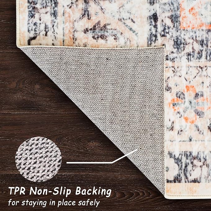 vivorug 5x7 Area Rugs - Ultra-Thin Washable Rug with Non-Slip Backing, Ideal for Living Room, Bedroom, Dining Room Indoor - Vintage, Easy Clean, Durable, Low Pile Rug Orange